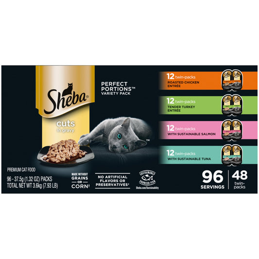 Sheba Perfect Portions Cuts in Gravy Wet Cat Food Variety Pack, Roasted Chicken Entrée, Tender Turkey Entrée, with Sustainable Salmon, and with Sustainable Tuna, 2.6 oz. Trays (48 Count, 96 Servings)