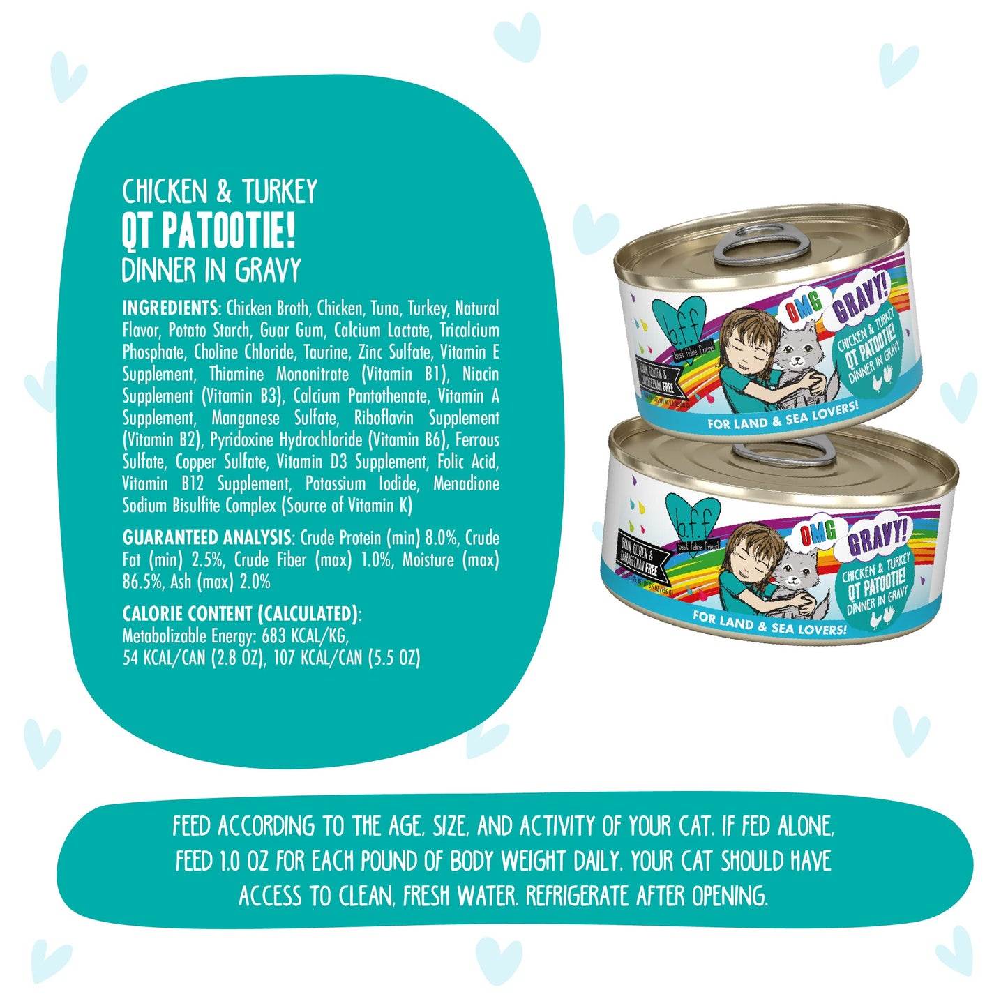 Weruva B.F.F. OMG - Best Feline Friend Oh My Gravy!, QT Patootie! with Chicken & Turkey in Gravy Cat Food, 5.5oz Can (Pack of 8)