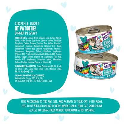 Weruva B.F.F. OMG - Best Feline Friend Oh My Gravy!, QT Patootie! with Chicken & Turkey in Gravy Cat Food, 5.5oz Can (Pack of 8)