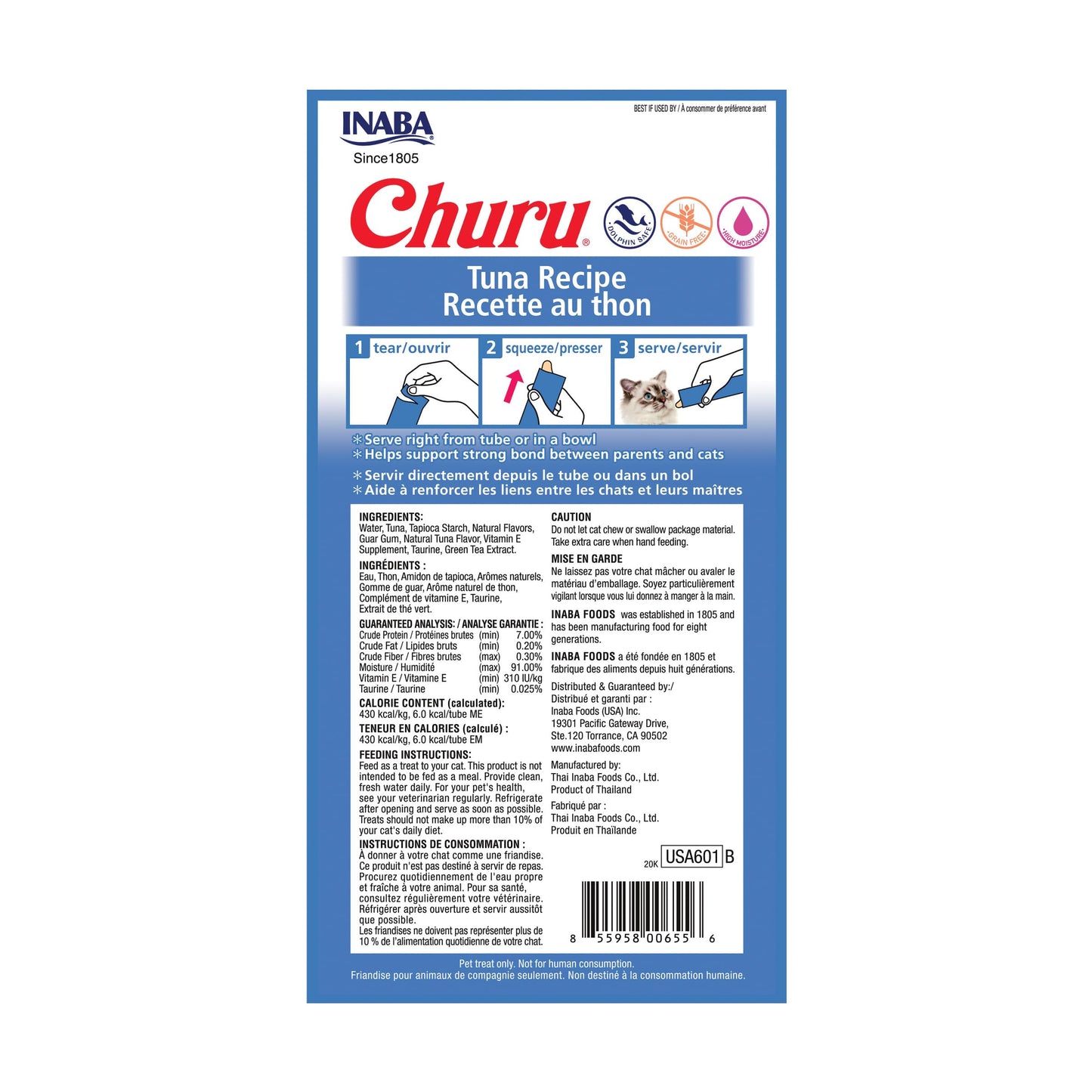 INABA Churu Lickable Purée Natural Cat Treats (Tuna Recipe, 4 Tubes)