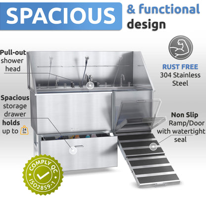 KANIS Professional Stainless Steel Dog Bathing Station - Grooming Tub w/Ramp, Storage Drawer, Floor Grate & Faucet/Dog Bathtub for Large, Medium & Small Pets (50", Left RAMP - 1 Drawer)