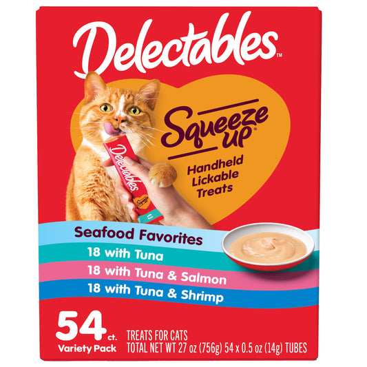 Delectables Squeeze Up Seafood Variety Pack, Creamy Squeezable Puree, Lickable Wet Cat Treats, Grain Free, No Added Fillers, No by-Products, No Added Preservatives, 0.5 Ounces Tube, 54 Tubes Total