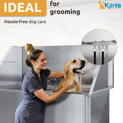 KANIS Professional Stainless Steel Dog Bathing Station - Grooming Tub w/Ramp, Storage Drawer, Floor Grate & Faucet/Dog Bathtub for Large, Medium & Small Pets (50", Left RAMP - 1 Drawer)