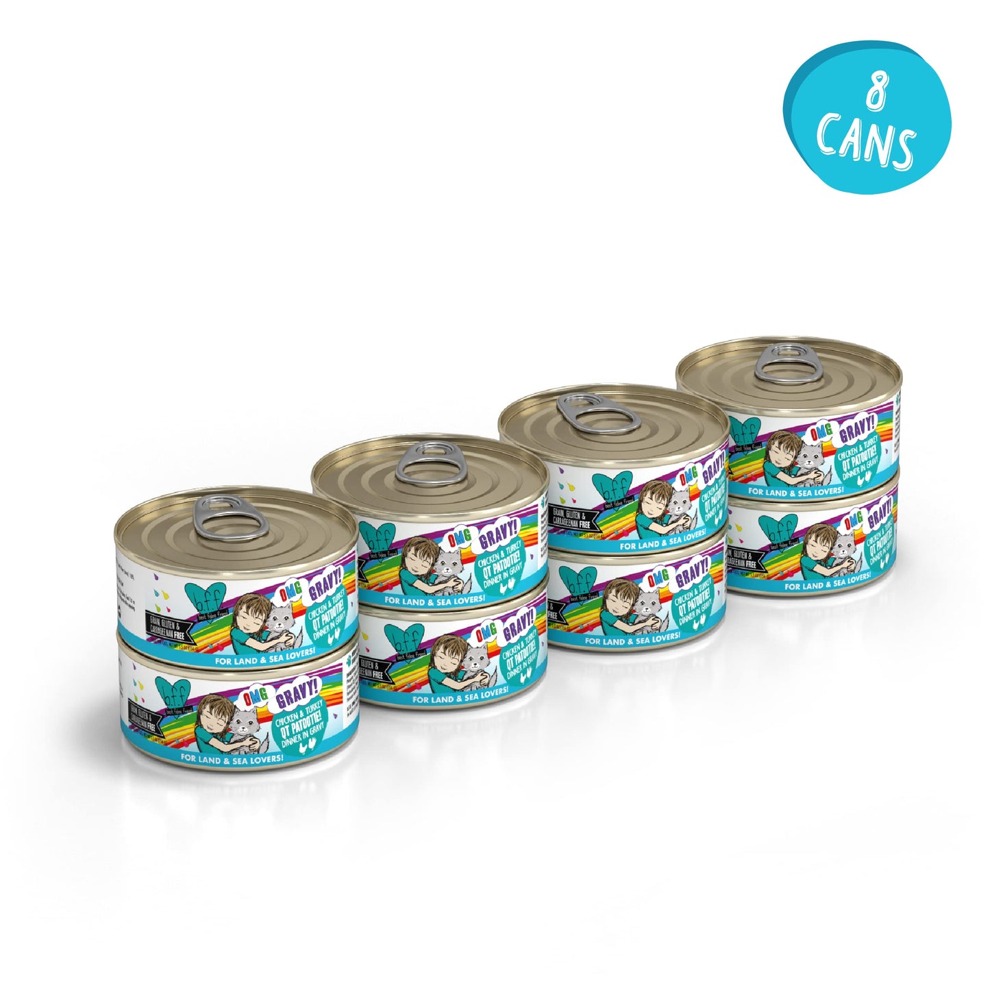 Weruva B.F.F. OMG - Best Feline Friend Oh My Gravy!, QT Patootie! with Chicken & Turkey in Gravy Cat Food, 5.5oz Can (Pack of 8)