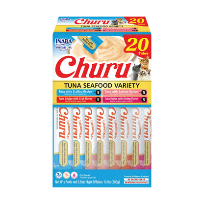 INABA Churu Cat Treats, Lickable, Squeezable Creamy Purée Cat Treat with Green Tea Extract & Taurine, 0.5 Ounces Each Tube, 20 Tubes, Tuna & Seafood Variety Box