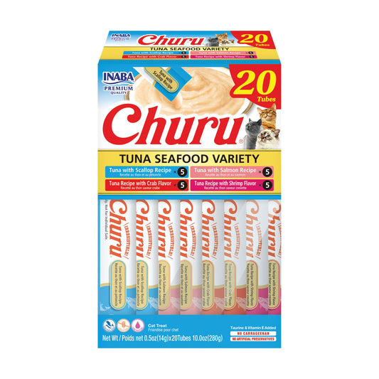 INABA Churu Cat Treats, Lickable, Squeezable Creamy Purée Cat Treat with Green Tea Extract & Taurine, 0.5 Ounces Each Tube, 20 Tubes, Tuna & Seafood Variety Box