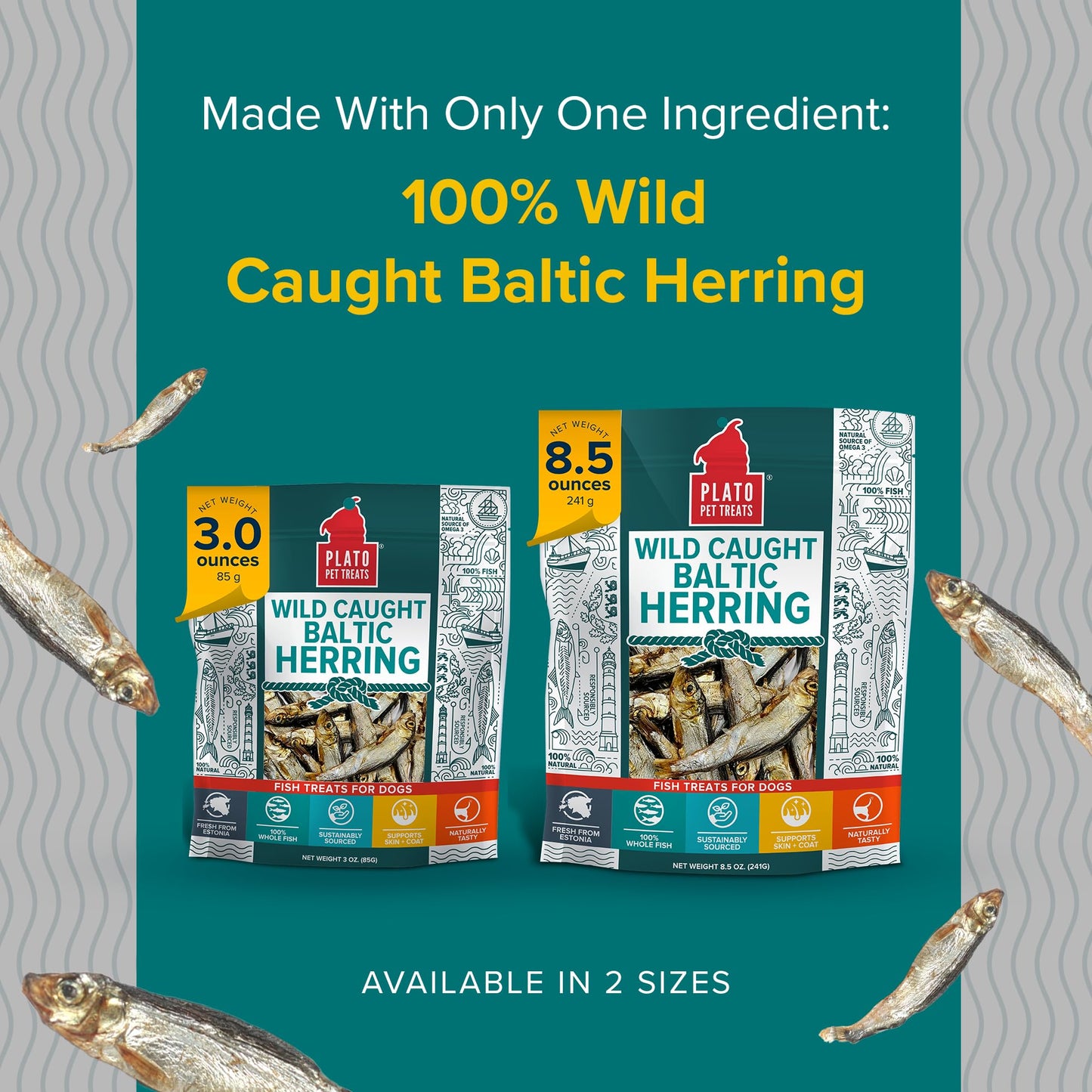PLATO Pet Treats Fish Dog Treats - Air-Dried, Single Ingredient Dog Treat - with Omega 3 & 6 Fatty Acids to Support Skin and Coat - 100% Whole Fish - Wild Caught Baltic Herring Dog Treats - 8.5 oz