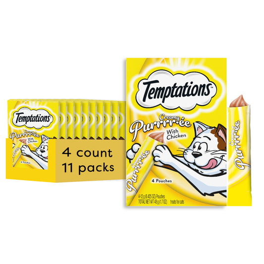 Temptations Creamy Puree with Chicken Lickable, Squeezable Cat Treats, 0.42 Oz Pouches, 4 Count (Pack of 11) - Total 44 Count