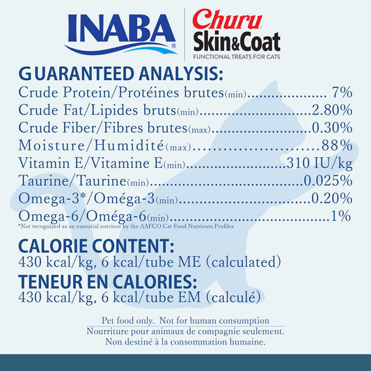 INABA Churu Lickable Purée Natural Cat Treats for Skin and Coat with Omega Oils, Taurine and Vitamin E, 0.5 Ounces Each, 24 Tubes (Four Per Package), Tuna Recipe
