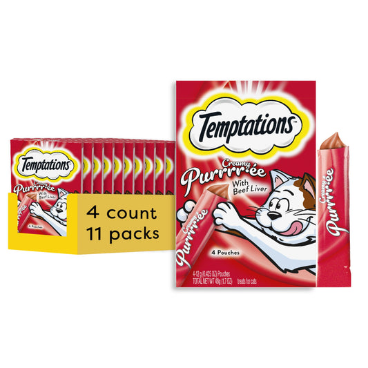 Temptations Creamy Puree with Beef Liver Lickable Cat Treats, 0.42 oz Pouches, 4 Count (Pack of 11) - Total 44 Count
