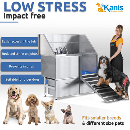 KANIS Professional Stainless Steel Dog Bathing Station - Grooming Tub w/Ramp, Storage Drawer, Floor Grate & Faucet/Dog Bathtub for Large, Medium & Small Pets (50", Left RAMP - 1 Drawer)