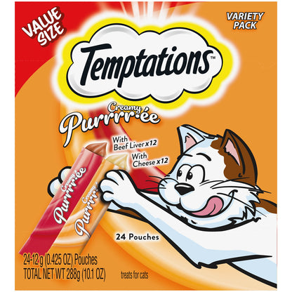 Temptations Creamy Puree with Beef Liver and Cheese, Variety Pack of Lickable, Squeezable Cat Treats, 0.42 oz Pouches, 24 Count