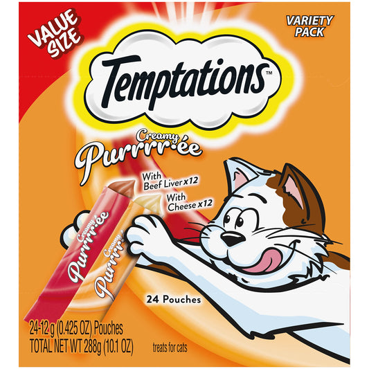 Temptations Creamy Puree with Beef Liver and Cheese, Variety Pack of Lickable, Squeezable Cat Treats, 0.42 oz Pouches, 24 Count
