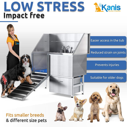 KANIS Professional Stainless Steel Dog Bathing Station - Grooming Tub w/Ramp, Storage Drawer, Floor Grate & Faucet/Dog Bathtub for Large, Medium & Small Pets (50", Left RAMP - 1 Drawer)