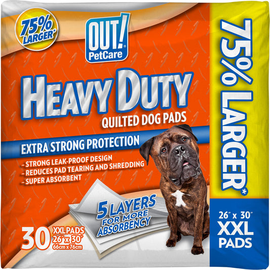 OUT! Petcare XXL Puppy Pads, Heavy Duty, Dog Training, Pee Pads for Dogs, Puppy Essentials, Leak Proof, Potty Training, Housebreaking Supplies (26"x30", 30 Count)