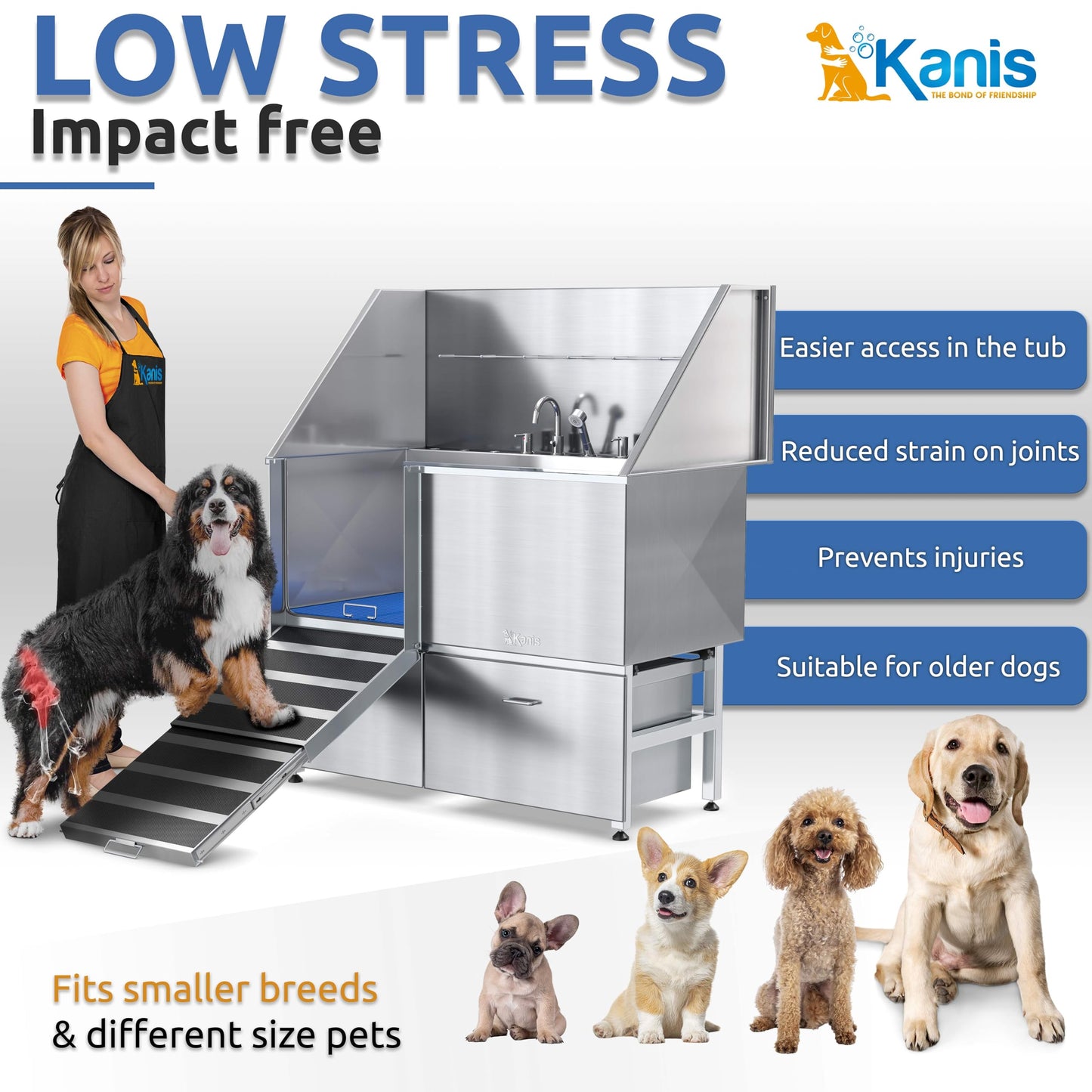 KANIS Professional Stainless Steel Dog Bathing Station - Grooming Tub w/Ramp, Storage Drawer, Floor Grate & Faucet/Dog Bathtub for Large, Medium & Small Pets (50", Left RAMP - 1 Drawer)