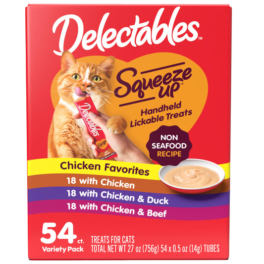 Delectables Squeeze Up Non-Seafood Variety Pack, Creamy Squeezable Puree, Lickable Wet Cat Treats, Grain Free, No Added Fillers, No By-Products, No Added Preservatives, 0.5 Ounces Tube, 54 Tubes Total