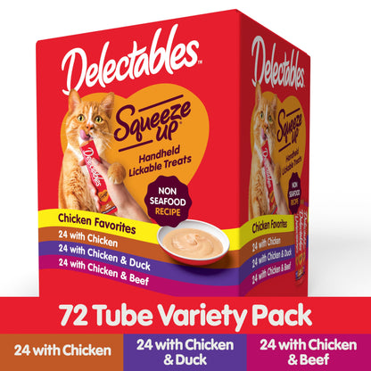 Delectables Squeeze Up Non-Seafood Variety Pack, Creamy Squeezable Puree, Lickable Wet Cat Treats, Grain Free, No Added Fillers, No By-Products, No Added Preservatives, 0.5 Ounces Tube, 72 Tubes Total
