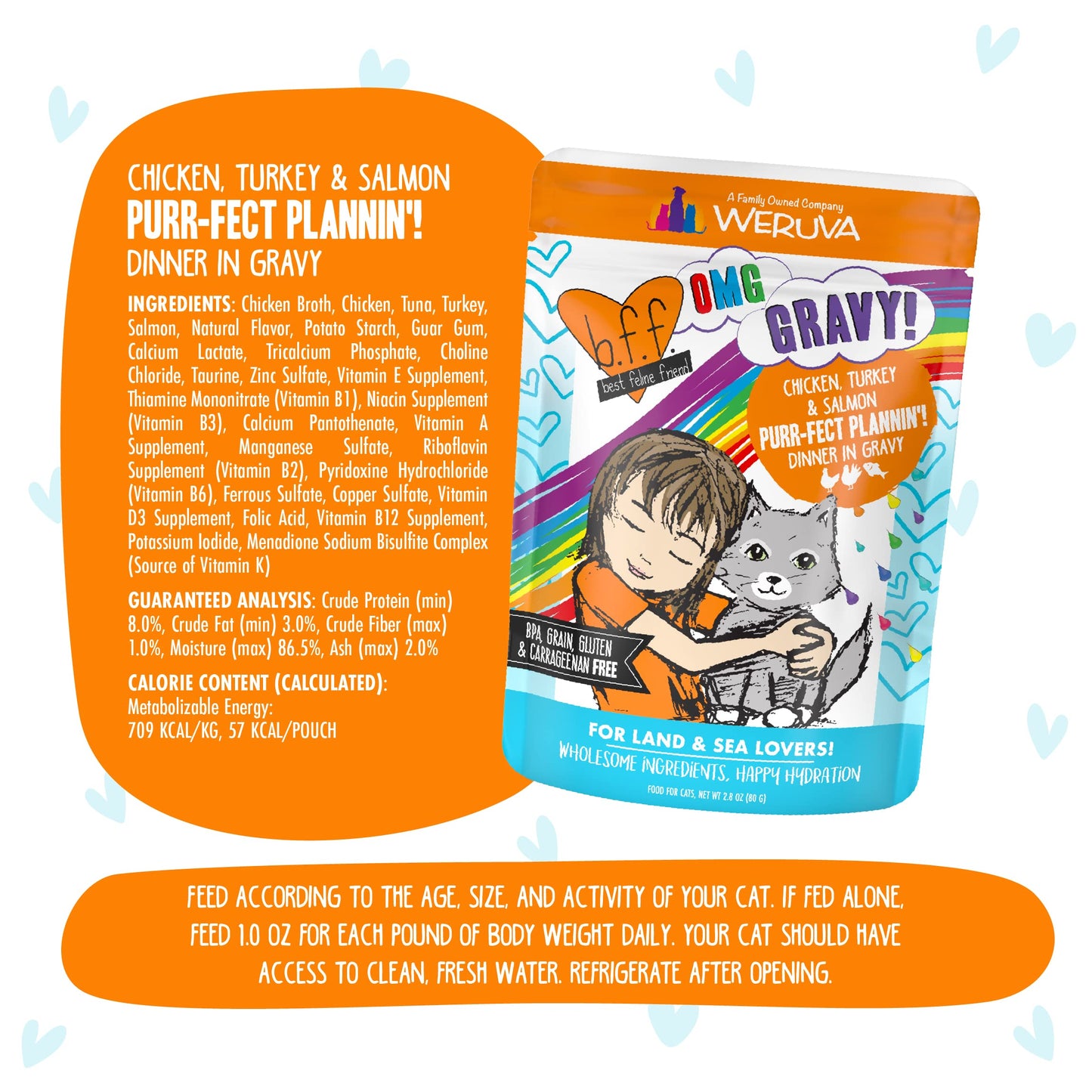 Weruva B.F.F. OMG - Best Feline Friend Oh My Gravy!, Purr-FECT Plannin'! with Chicken, Turkey & Salmon in Gravy Cat Food, 2.8oz Pouch (Pack of 12)