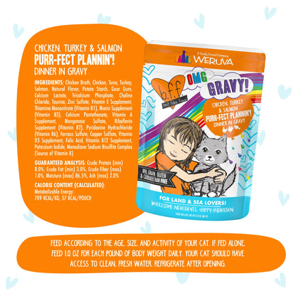 Weruva B.F.F. OMG - Best Feline Friend Oh My Gravy!, Purr-FECT Plannin'! with Chicken, Turkey & Salmon in Gravy Cat Food, 2.8oz Pouch (Pack of 12)