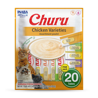 INABA Churu Cat Treats, Grain-Free, Lickable, Squeezable Creamy Purée Cat Treat/Topper with Vitamin E & Taurine, 0.5 Ounces Each Tube, 20 Tubes, Chicken Variety
