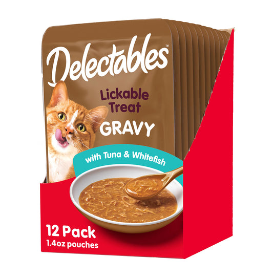 Hartz Delectables Gravy Lickable Wet Cat Treat & Food Topper, Tuna & Whitefish, 12 Pack, 1.40 Ounce (Pack of 12)