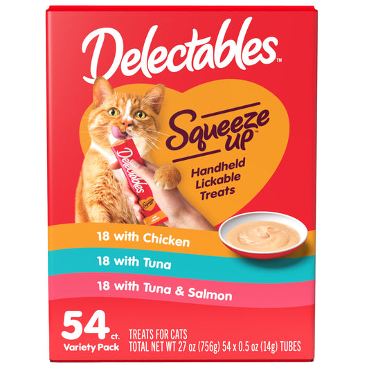 Delectables Squeeze Up Variety Pack, Creamy Squeezable Puree, Lickable Wet Cat Treats, Grain Free, No Added Fillers, No by-Products, No Added Preservatives, 0.5 Ounces Tube, 54 Tubes Total