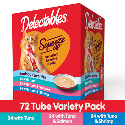 Delectables Squeeze Up Seafood Variety Pack, Creamy Squeezable Puree, Lickable Wet Cat Treats, Grain Free, No Added Fillers, No by-Products, No Added Preservatives, 0.5 Ounces Tube, 72 Tubes Total