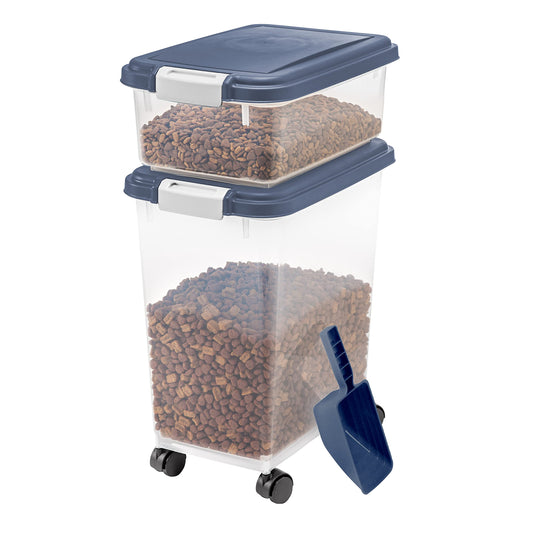 IRIS USA Dog Food Storage Container, 30 lbs & 11 lbs Combo, Cat Food Storage Container, Dog Treat Container, Airtight, Stackable, 2-Cup Scoop, Wheels, Easy Mobility, Navy