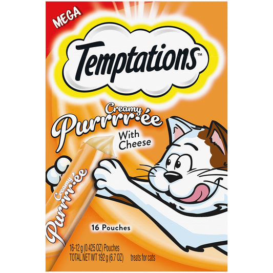 Temptations Creamy Puree with Cheese Lickable, Squeezable Cat Treats, 0.42 oz Pouches, 16 Count