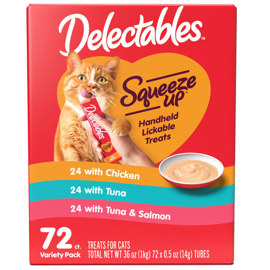 Delectables Squeeze Up Variety Pack, Creamy Squeezable Puree, Lickable Wet Cat Treats, Grain Free, No Added Fillers, No by-Products, No Added Preservatives, 0.5 Ounces Tube, 72 Tubes Total