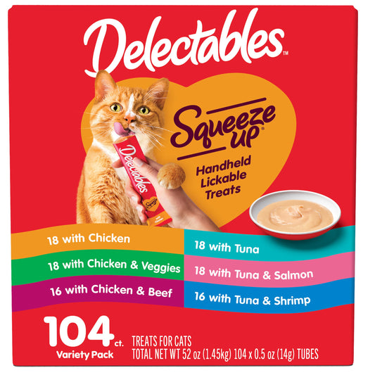 Delectables Squeeze Up Variety Pack, Creamy Squeezable Puree, Lickable Wet Cat Treats, Grain Free, No Added Fillers, No by-Products, No Added Preservatives, 0.5 Ounces Tube, 104 Tubes Total