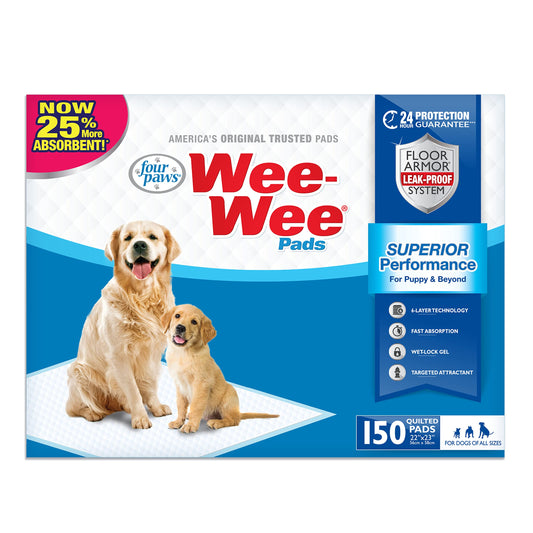 Four Paws Wee-Wee Superior Performance Unscented Pee Pads for Dogs & Puppies, Quilted Leak-Proof Dog Housebreaking Potty Training Floor Protection, 22" x 23", 150 Count