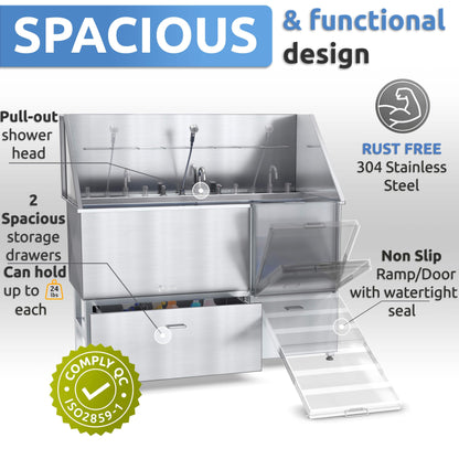 KANIS Professional Stainless Steel Dog Bathing Station - Grooming Tub w/Ramp, Storage Drawer, Floor Grate & Faucet/Dog Bathtub for Large, Medium & Small Pets (50", Left RAMP - 1 Drawer)