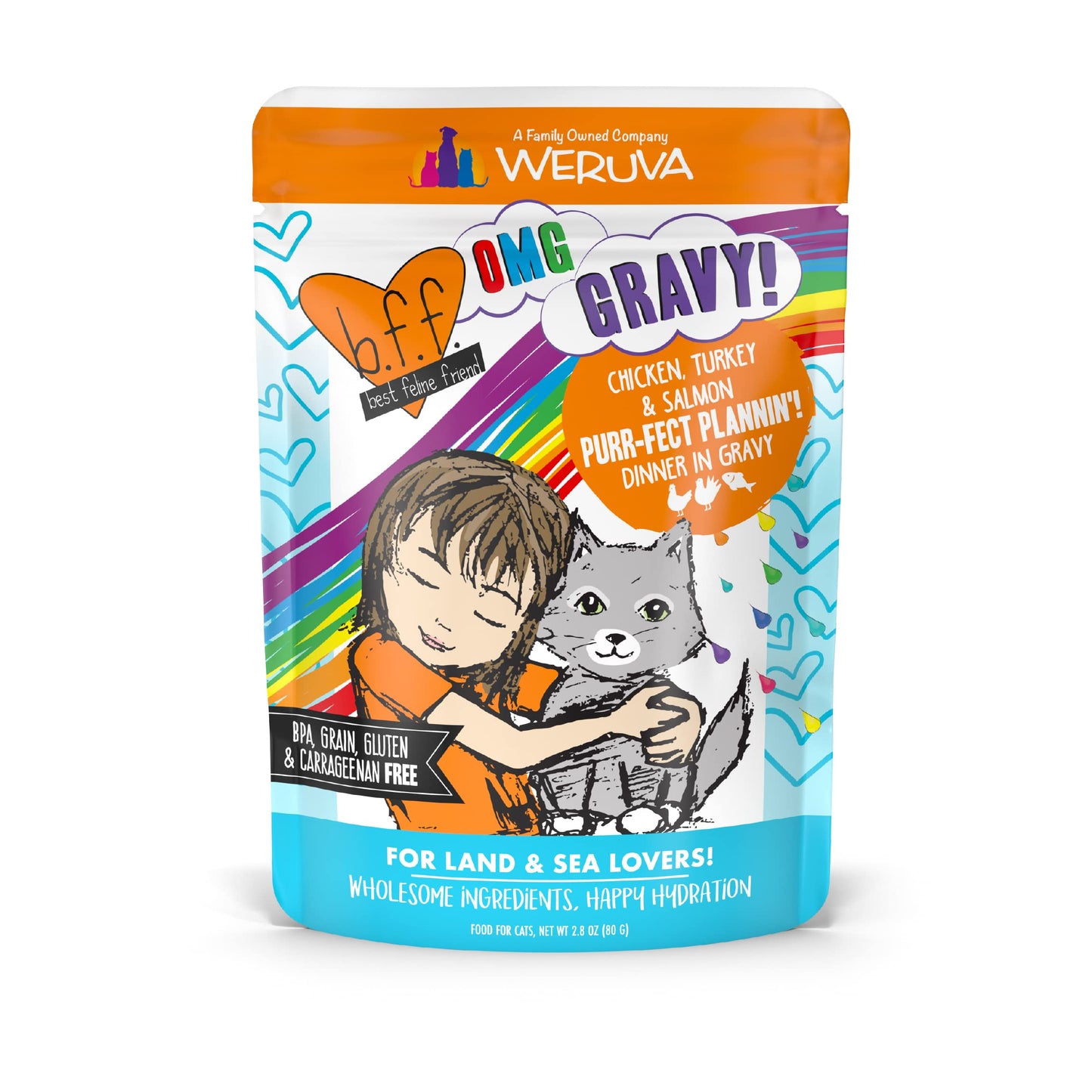 Weruva B.F.F. OMG - Best Feline Friend Oh My Gravy!, Purr-FECT Plannin'! with Chicken, Turkey & Salmon in Gravy Cat Food, 2.8oz Pouch (Pack of 12)