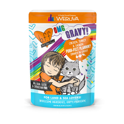 Weruva B.F.F. OMG - Best Feline Friend Oh My Gravy!, Purr-FECT Plannin'! with Chicken, Turkey & Salmon in Gravy Cat Food, 2.8oz Pouch (Pack of 12)