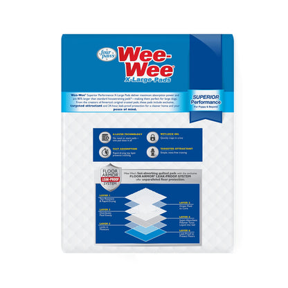 Four Paws Wee-Wee Superior Performance Unscented Extra-Large Pee Pads for Dogs & Puppies, Quilted Leak-Proof Dog Housebreaking Potty Training Floor Protection, 28" x 34", 14 Count