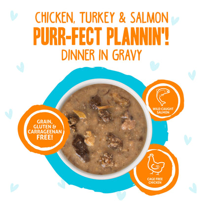 Weruva B.F.F. OMG - Best Feline Friend Oh My Gravy!, Purr-FECT Plannin'! with Chicken, Turkey & Salmon in Gravy Cat Food, 2.8oz Pouch (Pack of 12)