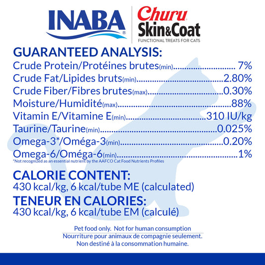 INABA Churu Lickable Purée Natural Cat Treats for Skin and Coat with Omega Oils, Taurine and Vitamin E, 0.5 Ounces Each, 24 Tubes (Four Per Package), Chicken Recipe