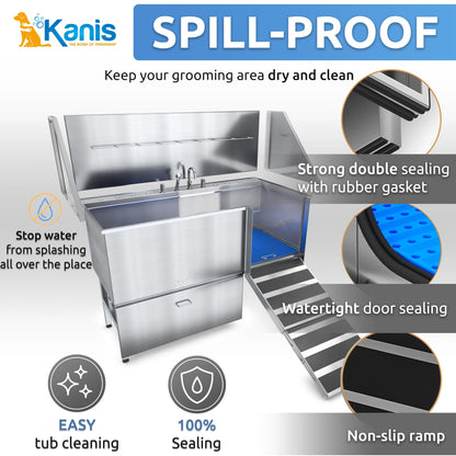 KANIS Professional Stainless Steel Dog Bathing Station - Grooming Tub w/Ramp, Storage Drawer, Floor Grate & Faucet/Dog Bathtub for Large, Medium & Small Pets (50", Left RAMP - 1 Drawer)