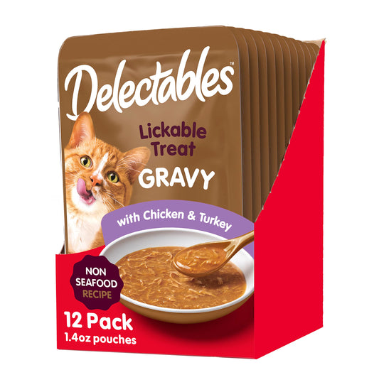 Hartz Delectables Gravy Non-Seafood Lickable Wet Cat Treat & Food Topper, Chicken & Turkey, 12 Pack, 1.40 Ounce (Pack of 12)