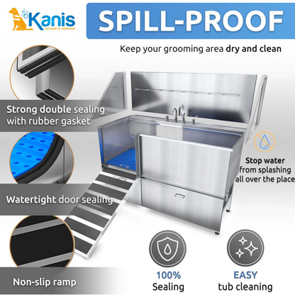 KANIS Professional Stainless Steel Dog Bathing Station - Grooming Tub w/Ramp, Storage Drawer, Floor Grate & Faucet/Dog Bathtub for Large, Medium & Small Pets (50", Left RAMP - 1 Drawer)