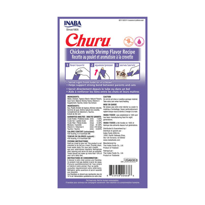 INABA Churu Cat Treats, Grain-Free, Lickable, Squeezable Creamy Purée Cat Treat/Topper with Vitamin E & Taurine, 0.5 Ounces Each Tube, 4 Tubes, Chicken with Shrimp Recipe