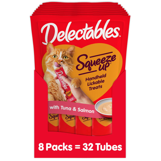 Hartz Delectables Squeeze Up Interactive Lickable Wet Cat Treats for Adult & Senior Cats, Tuna & Salmon, 4 Count(Pack of 8)
