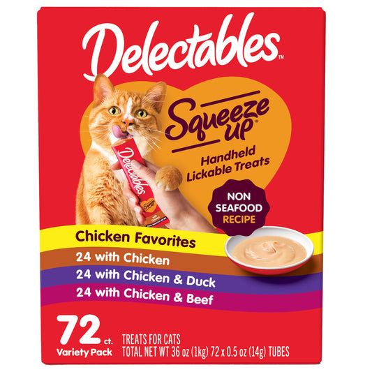 Delectables Squeeze Up Non-Seafood Variety Pack, Creamy Squeezable Puree, Lickable Wet Cat Treats, Grain Free, No Added Fillers, No By-Products, No Added Preservatives, 0.5 Ounces Tube, 72 Tubes Total