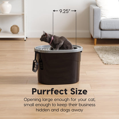 IRIS USA Cat Litter Box, Large Top Entry with Litter Catching Lid and Scoop, Dog Proof, Enclosed Cat Litter Box, Black/Gray