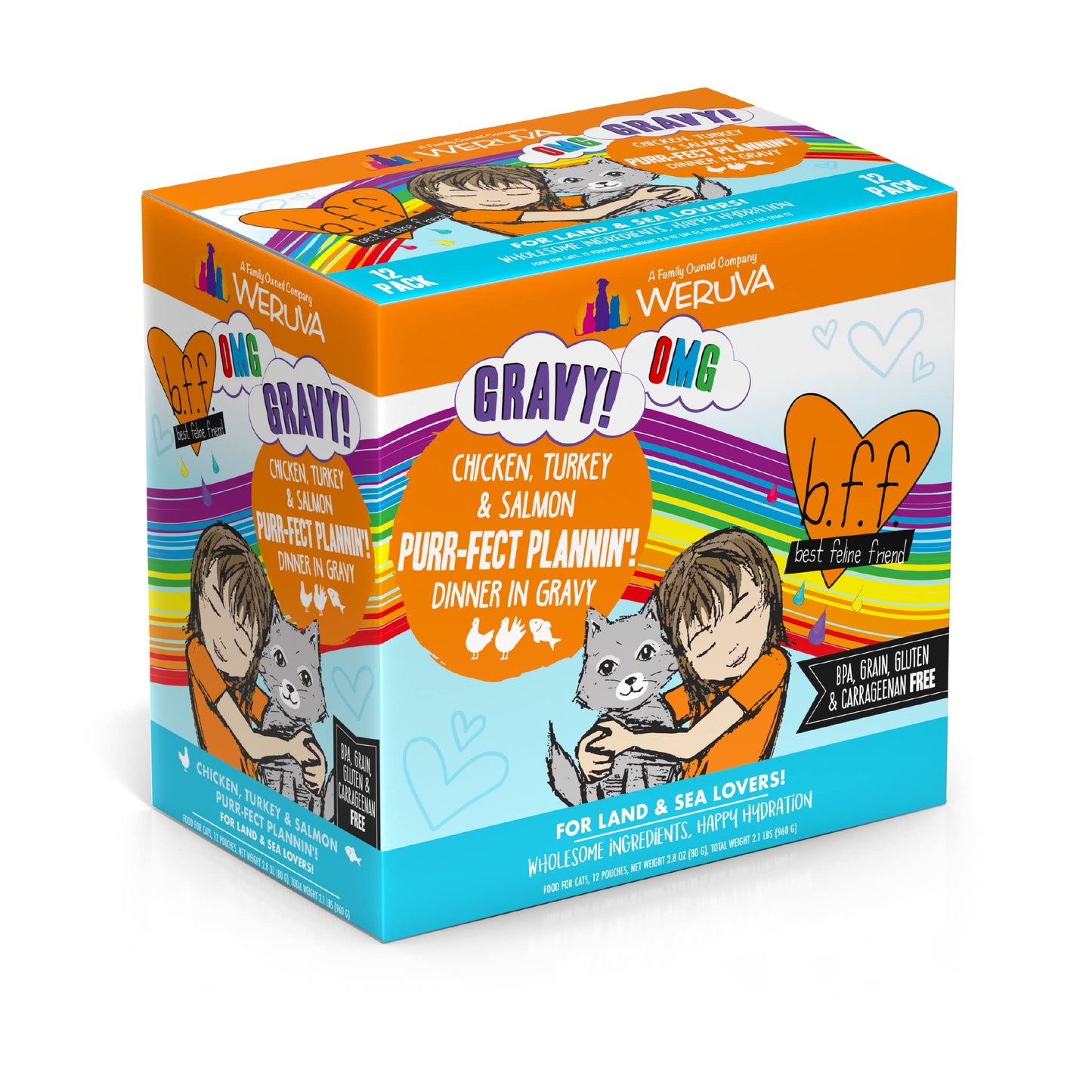 Weruva B.F.F. OMG - Best Feline Friend Oh My Gravy!, Purr-FECT Plannin'! with Chicken, Turkey & Salmon in Gravy Cat Food, 2.8oz Pouch (Pack of 12)