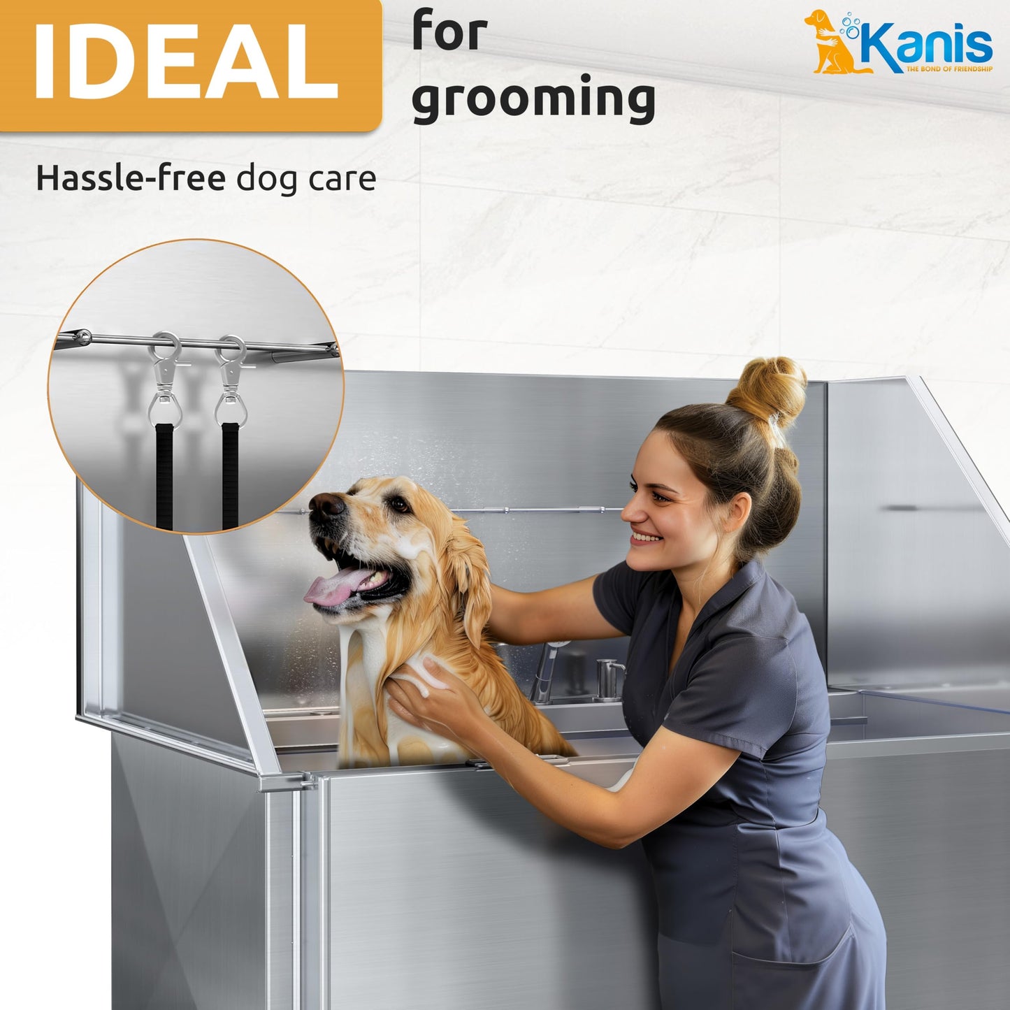 KANIS Professional Stainless Steel Dog Bathing Station - Grooming Tub w/Ramp, Storage Drawer, Floor Grate & Faucet/Dog Bathtub for Large, Medium & Small Pets (50", Left RAMP - 1 Drawer)