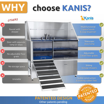 KANIS Professional Stainless Steel Dog Bathing Station - Grooming Tub w/Ramp, Storage Drawer, Floor Grate & Faucet/Dog Bathtub for Large, Medium & Small Pets (50", Left RAMP - 1 Drawer)