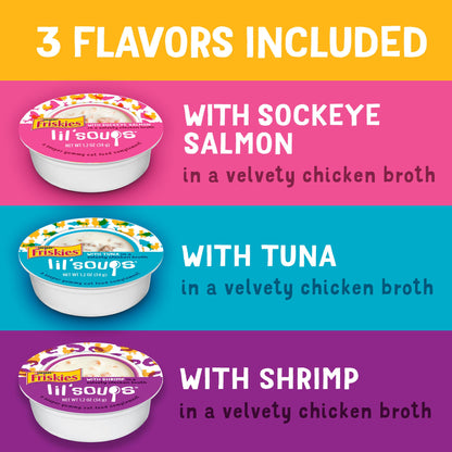 Purina Friskies Grain Free Wet Cat Food Lickable Cat Treats Variety Pack, Lil' Soups With Salmon, Tuna or Shrimp - (Pack of 30) 1.2 oz. Cups